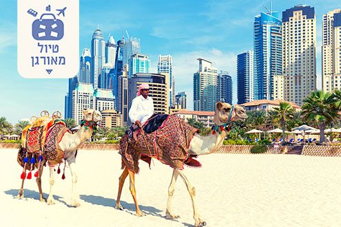 איש רוכב על גמל בחוף ג'ומאירה באמירויות